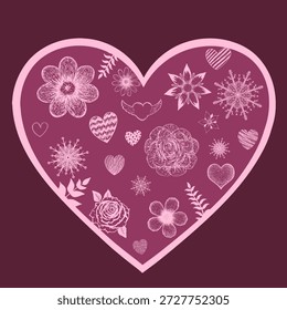 Corazón decorativo de Vector con patrones de flores, copos de nieve y hojas aisladas