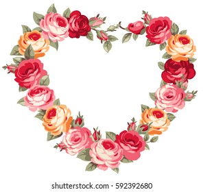 Vector decorative heart with vintage roses for wedding invitation design. Floral heart for Valentine Day card