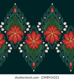 Vector decorative holiday border with poinsettia flowers. on dark green background Seamless tracery frieze with Christmas flower stars with foliage, berries and branches for frame and brush swatches