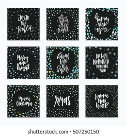 Vector decorative holiday card collection with hand lettering elements. Christmas and New Year greeting card templates.