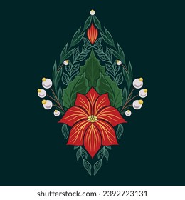 Vector decorative holiday card with poinsettia flower. Christmas flower star with foliage, berries and branches for invitation, banner and sticker