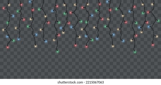 Vector decorative horizontal border with hanging christmas light chains on dark background