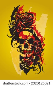 Vector decorative illustration of artistic skull and flowers, modern art style, vertical image.