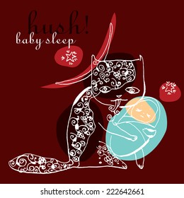 Vector decorative illustration of big fairytale character cat. The mysterious cat keeps of baby.Hush, baby sleep! Hand drawn nice naive theme. Good for backgrounds, fabric, cover and cafe stuff.