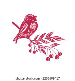 Vector decorative illustration with birds and rowan berries on branches in magenta color. Tracery clip art with bullfinches in the bushes. Folk art image for cards, banners and stickers
