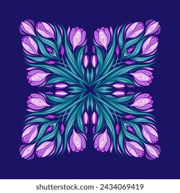Vector decorative illustration of bouquet crocuses. Tracery card of spring flowers in square composition on violet background. Flowery clipart for postcard, invitation.