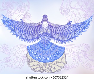 Vector decorative illustration of a dove flying out of human hands