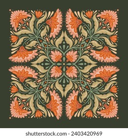Vector decorative illustration with floral ornament. Folk art tracery card with geometric flowers and stems with foliage in pastel colors for handkerchief and shawl