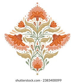 Vector decorative illustration of flower arrangement. Folk art clip art with symmetrical orange flowers and stems with foliage isolated from background for sublimation, sticker and your creativity.