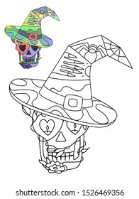 Vector decorative illustration for Halloween. Coloring book for kids or adults, which contain outline image for coloring. Black and white portrait of skull witches in hat with scary hand and spider.
