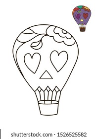 Vector decorative illustration for Halloween. Coloring book for kids or adults, which contain outline image for coloring. Black and white air balloon with hearts and flowers.
