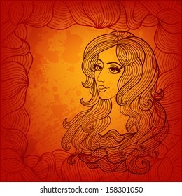 Vector decorative illustration. Hand drawn beautiful girl