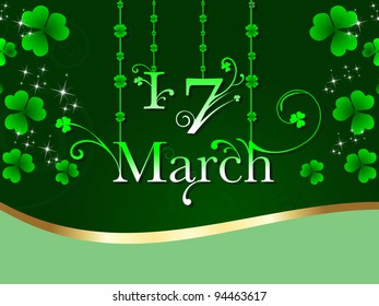 vector decorative illustration with hanging text 17 March and clover for St. Patrick's Day background.