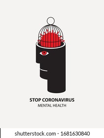 Vector decorative illustration with a human head and a locked Covid-19 Virion in a cage instead of a brain. Mental health and Stop coronavirus concept banner.
