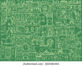 vector decorative illustration of old town, design element. On green background.