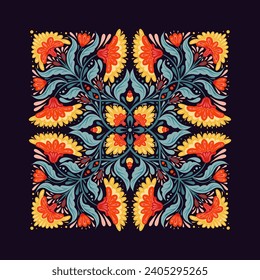Vector decorative illustration with square floral ornament. Folk art tracery card with geometric red flowers, stems with foliage in contrast colors for handkerchief and shawl