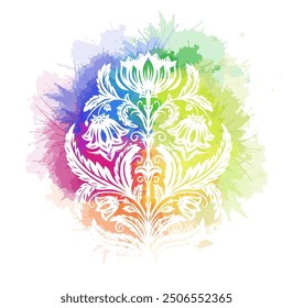 Vector decorative illustration of white silhouette floral arrangement on rainbow watercolor splashes. Ornate flourish clip art with foliage and corflower for invitations, cards and stickers