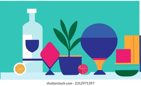 Vector Decorative Illustrations Abstract modern minimalist drawing,vector pots and containers on the table