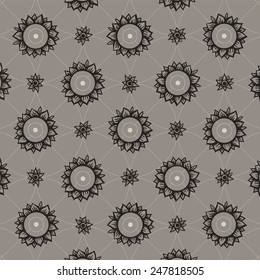 Vector decorative image with black rounded sunflowers and smaller blossoms on symmetric dashed line background.