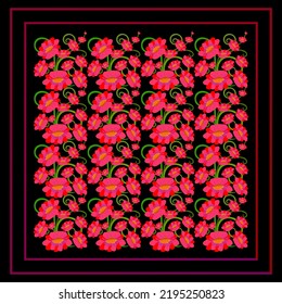 Vektorgrafik, dekoratives Bild eines reichen Ornaments von roten Blumen mit lockig grünen Zweigen und wirbeln. Ein separates Element des Musters in einem Rahmen auf schwarzem Hintergrund.Für alle Arten von Designs.