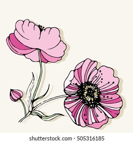 Vector decorative invitation. Spring elements. Floral doodles. Floral card design, flowers and leaf doodle elements. 