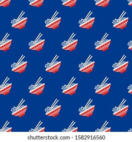 Vector Decorative Japan Ramen Bowls Blue and Red Background Seamless Pattern 