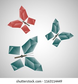 Vector decorative jeweler symbol geometric abstraction of triangles butterfly three object logo color sea water and pink with gradient and metal details on light isolate background