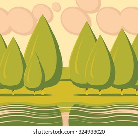Vector decorative landscape with trees and a lake