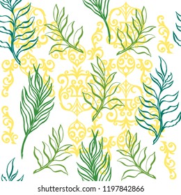 Vector decorative leaf seamless pattern. Tropical leaves. Green, yellow, blue color