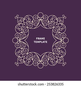 Vector decorative line art frame for design template. Elegant element for logo design, place for text. Light outline floral border. Lace illustration for invitations and greeting cards.