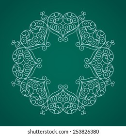 Vector decorative line art frame for design template. Elegant element for logo design, place for text. Light outline floral border. Lace illustration for invitations and greeting cards.