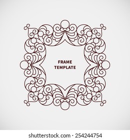 Vector decorative line art frame for design template. Elegant element for logo design, place for text. Black outline floral border. Lace illustration for invitations and greeting cards.