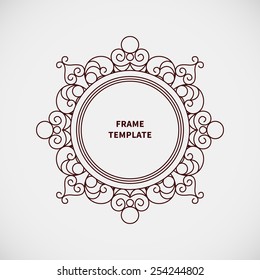Vector decorative line art frame for design template. Elegant element for logo design, place for text. Black outline floral border. Lace illustration for invitations and greeting cards.
