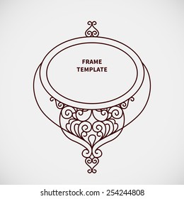 Vector decorative line art frame for design template. Elegant element for logo design, place for text. Black outline floral border. Lace illustration for invitations and greeting cards.