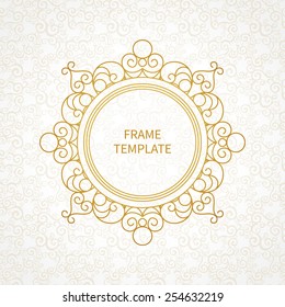 Vector decorative line art frame for design template. Elegant element for logo design in Eastern style, place for text. Golden outline floral border. Lace illustration for invitations, greeting cards.