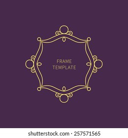 Vector decorative line art frame for design template. Elegant element for logo design, badges, emblem. Place for text. Light outline border. Lace illustration for invitations and greeting cards.