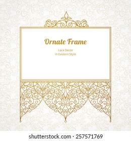 Vector decorative line art frame for design template. Elegant element for design in Eastern style, place for text. Golden outline floral border. Lace illustration for invitations and greeting cards.