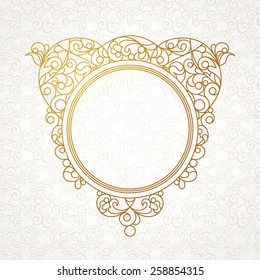 Vector decorative line art frame for design template. Elegant element for design in Eastern style, place for text. Golden outline floral border. Lace illustration for invitations and greeting cards.