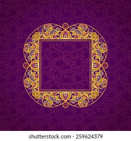 Vector decorative line art frame for design template. Elegant element for design in Eastern style, place for text. Golden outline floral border. Lace illustration for invitations and greeting cards.