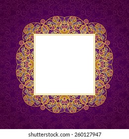 Vector decorative line art frame for design template. Elegant element for design in Eastern style, place for text. Golden outline floral border. Lace illustration for invitations and greeting cards.