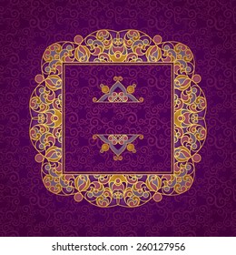 Vector decorative line art frame for design template. Elegant element for design in Eastern style, place for text. Golden outline floral border. Lace illustration for invitations and greeting cards.