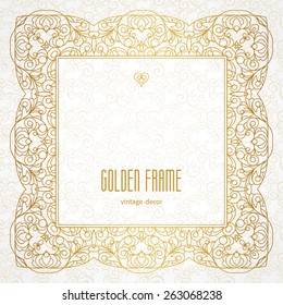 Vector decorative line art frame for design template. Elegant element for design in Eastern style, place for text. Golden outline floral border. Lace illustration for invitations and greeting cards.