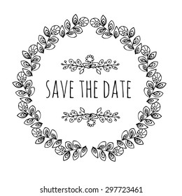 Vector decorative line art frame design template.Hand-drawn decorative wreath. Drawing pen and ink. A wreath of twigs and leaves. Space for text, greetings, invitations, postcards. Vector.