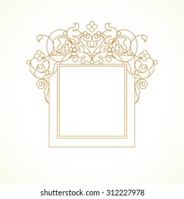 Vector decorative line art frame for design template. Elegant element in Eastern style. Golden outline floral border. Lace decor for invitations, greeting cards, certificate, thank you message.