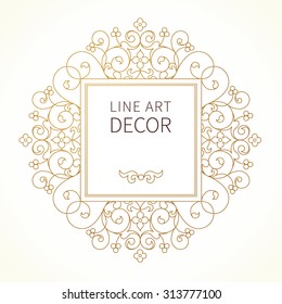 Vector decorative line art frame for design template. Elegant element in Eastern style. Golden outline floral border. Lace decor for invitations, greeting cards, certificate, thank you message.