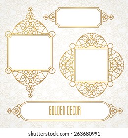 Vector decorative line art frames for design template. Elegant element for design in Eastern style, place for text. Golden outline floral border. Lace illustration for invitations and greeting cards.