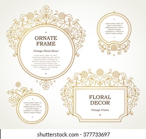 Vector decorative line art frames for design template. Elegant element in Eastern style. Golden outline floral border. Lace decor for invitations, greeting cards, certificate, thank you message.