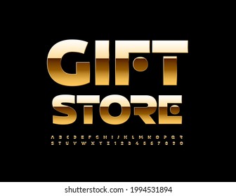 Logo decorativo de vectores Tienda de regalos. Fuente dorada brillante. Juego de letras y números de alfabeto de estilo premium