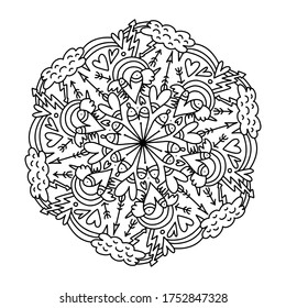 Vektordekorative Mandala mit Liebe, Herzen und Regenbogen. Farbbuch für Erwachsene und Jugendliche. Färbung und Konturzeichnung mit lustigen Elementen zum Färben