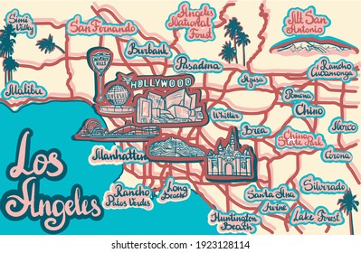 Vector decorative map of Los Angeles with names of cities and showplaces